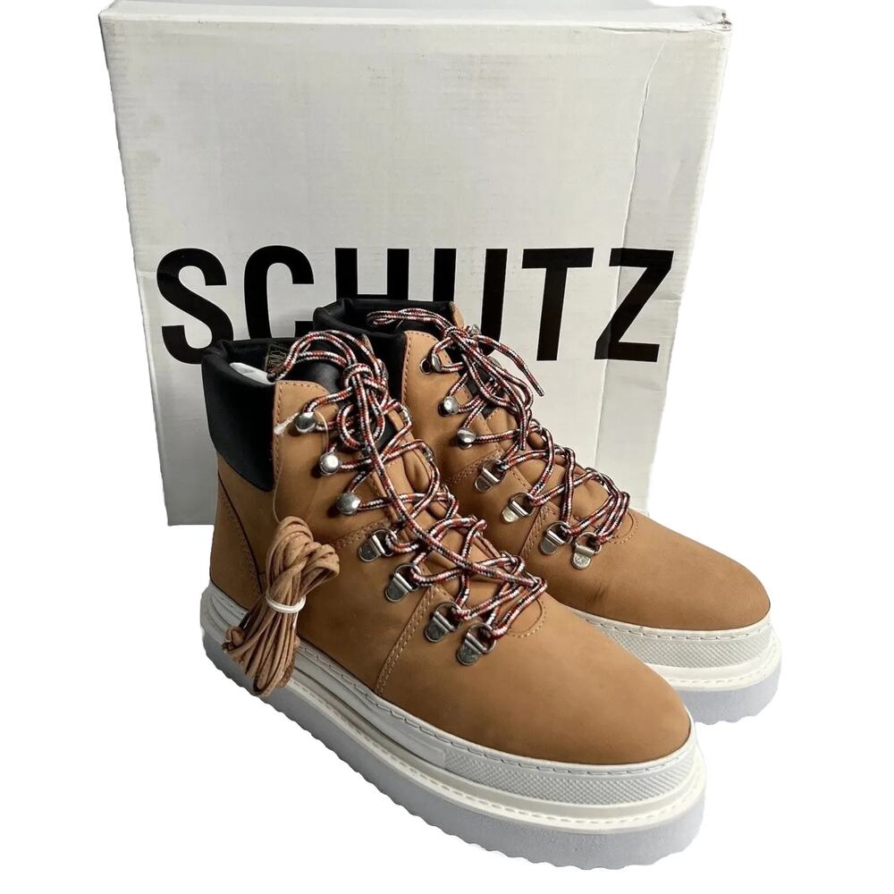 SCHUTZ Marula Women's Platform Lace Up High Top Boots 7.5 B Waterproof Beige NIB